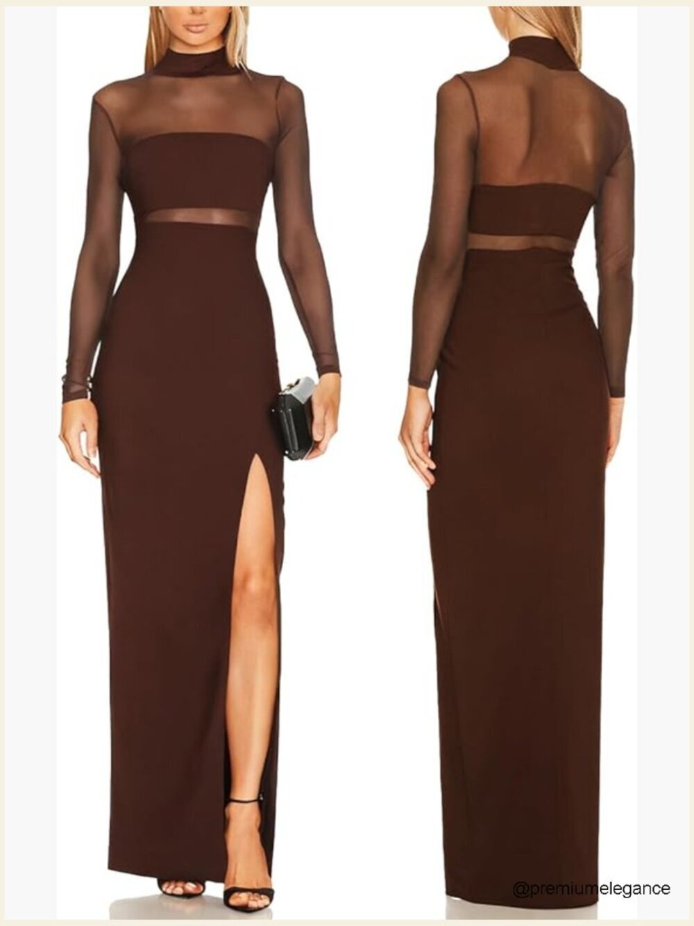 Mesh Long Sleeve Turtleneck Bodycon Maxi Dress Side Slit